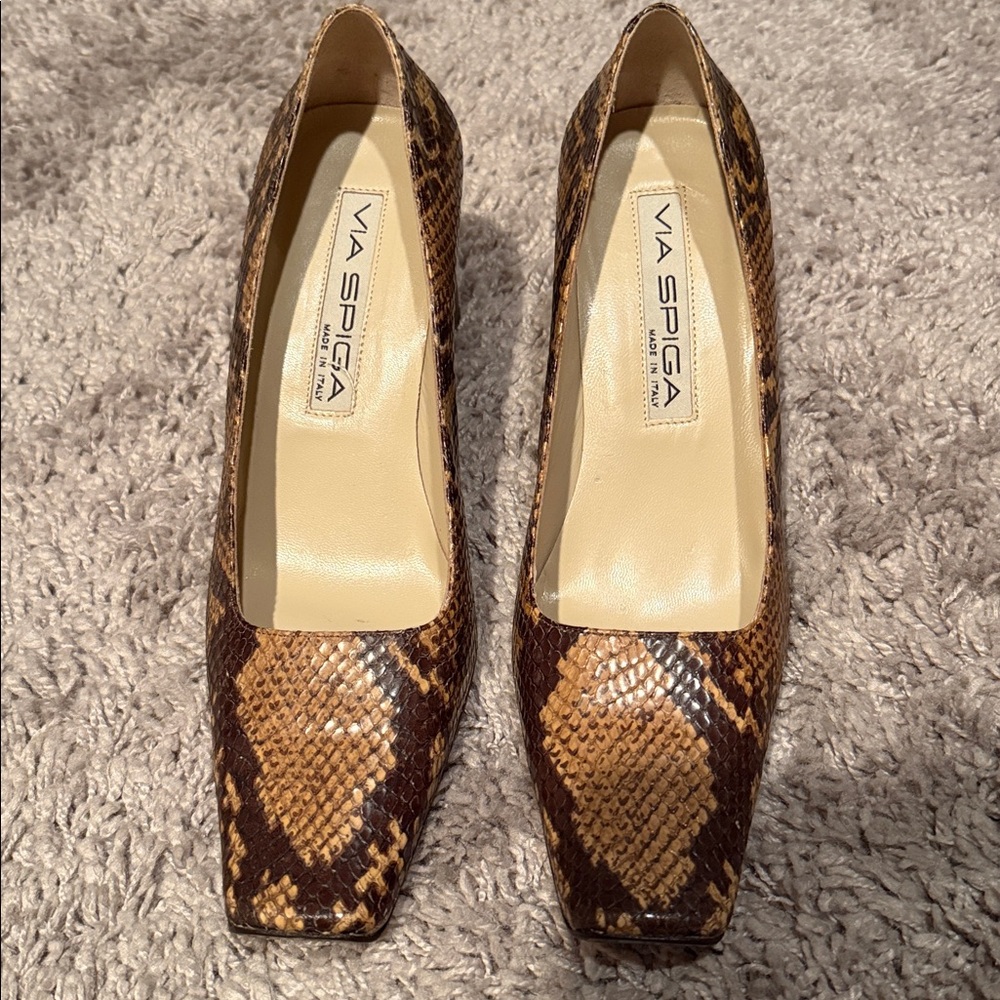 Via Spiga Brown Snake Print Heels